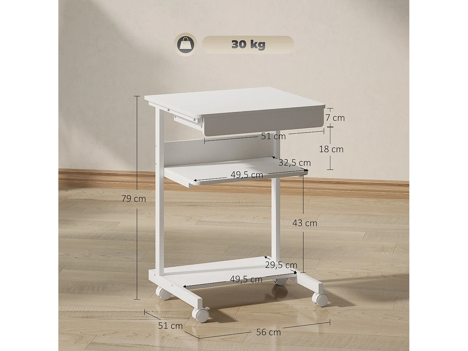 Bureau informatique roulant - bureau mobile - table d'ordinateur - tiroir coulissant 2 étagères - blanc naturel