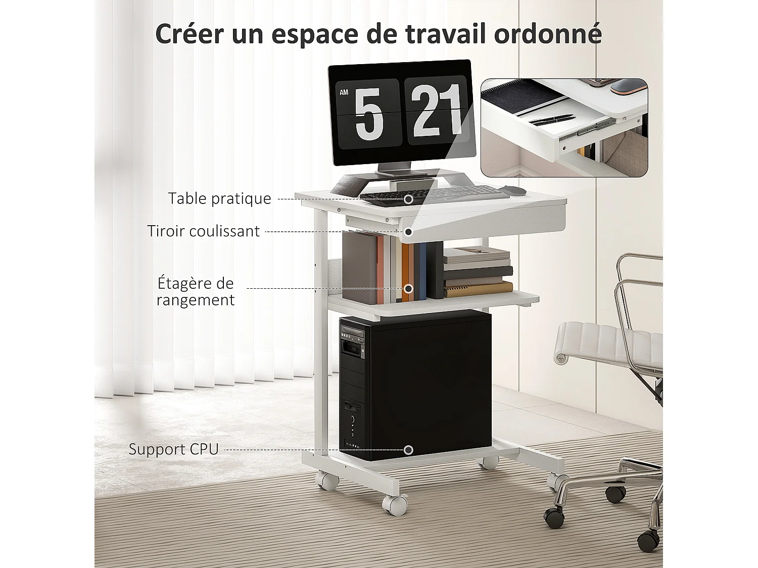 Bureau informatique roulant - bureau mobile - table d'ordinateur - tiroir coulissant 2 étagères - blanc naturel