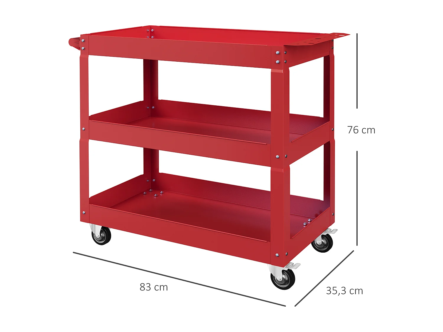 Chariot desserte d'atelier acier 3 plateaux sur roulettes avec poignée - charge max. 150 kg - 83 x 35,3 x 76 cm rouge