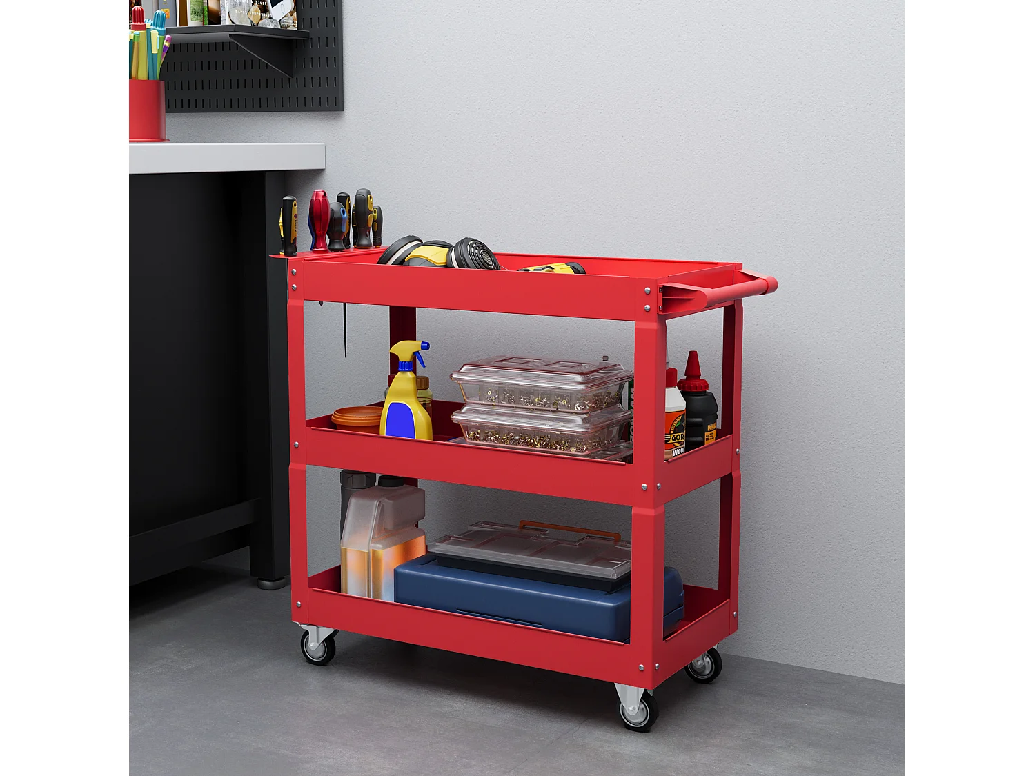 Chariot desserte d'atelier acier 3 plateaux sur roulettes avec poignée - charge max. 150 kg - 83 x 35,3 x 76 cm rouge