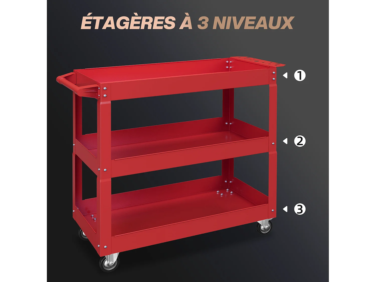 Chariot desserte d'atelier acier 3 plateaux sur roulettes avec poignée - charge max. 150 kg - 83 x 35,3 x 76 cm rouge