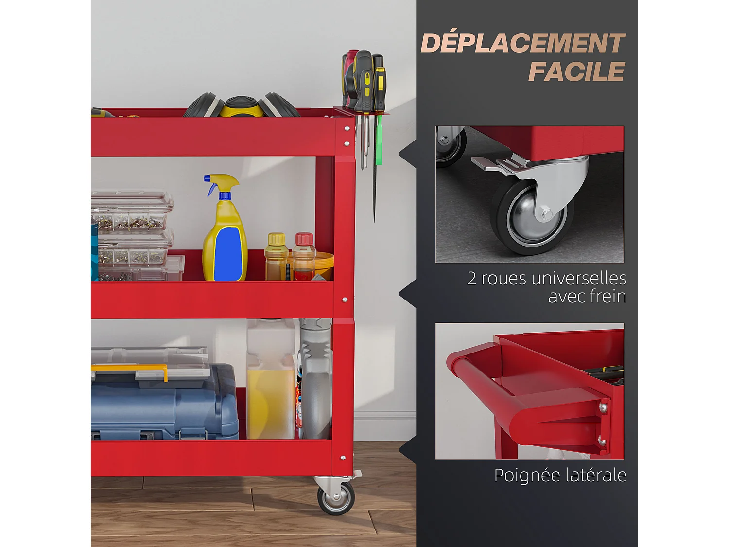 Chariot desserte d'atelier acier 3 plateaux sur roulettes avec poignée - charge max. 150 kg - 83 x 35,3 x 76 cm rouge