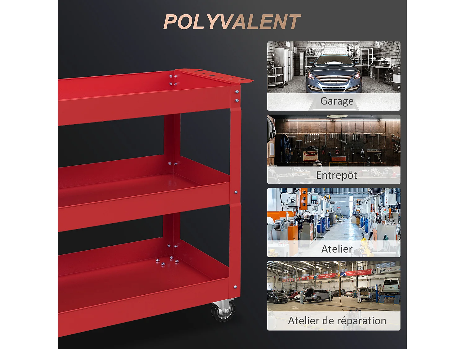 Chariot desserte d'atelier acier 3 plateaux sur roulettes avec poignée - charge max. 150 kg - 83 x 35,3 x 76 cm rouge