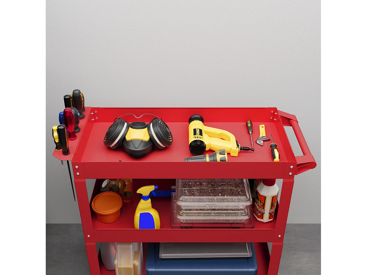 Chariot desserte d'atelier acier 3 plateaux sur roulettes avec poignée - charge max. 150 kg - 83 x 35,3 x 76 cm rouge