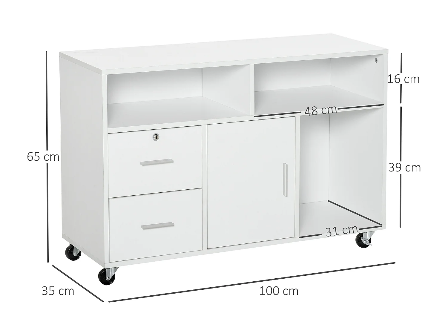 Support d'imprimante mobile 2 tiroirs coulissants 3 niches porte étagère dim. 100 x 35 x 65 cm blanc