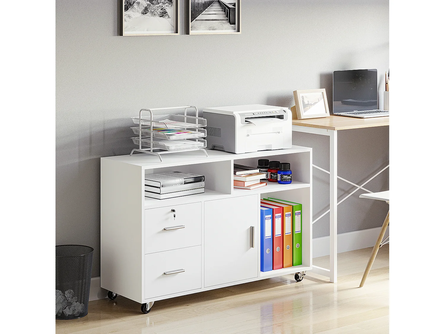 Support d'imprimante mobile 2 tiroirs coulissants 3 niches porte étagère dim. 100 x 35 x 65 cm blanc