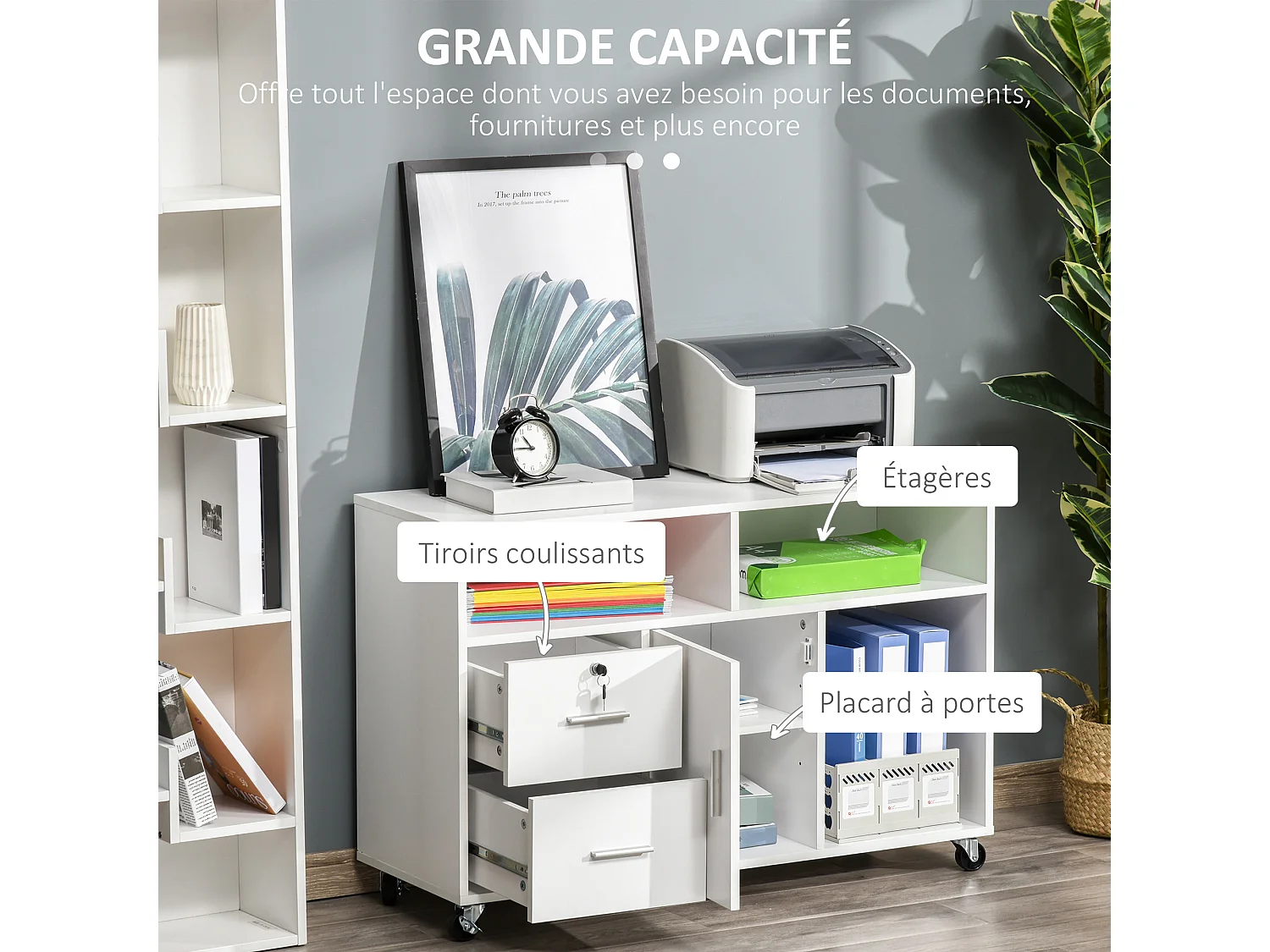 Support d'imprimante mobile 2 tiroirs coulissants 3 niches porte étagère dim. 100 x 35 x 65 cm blanc