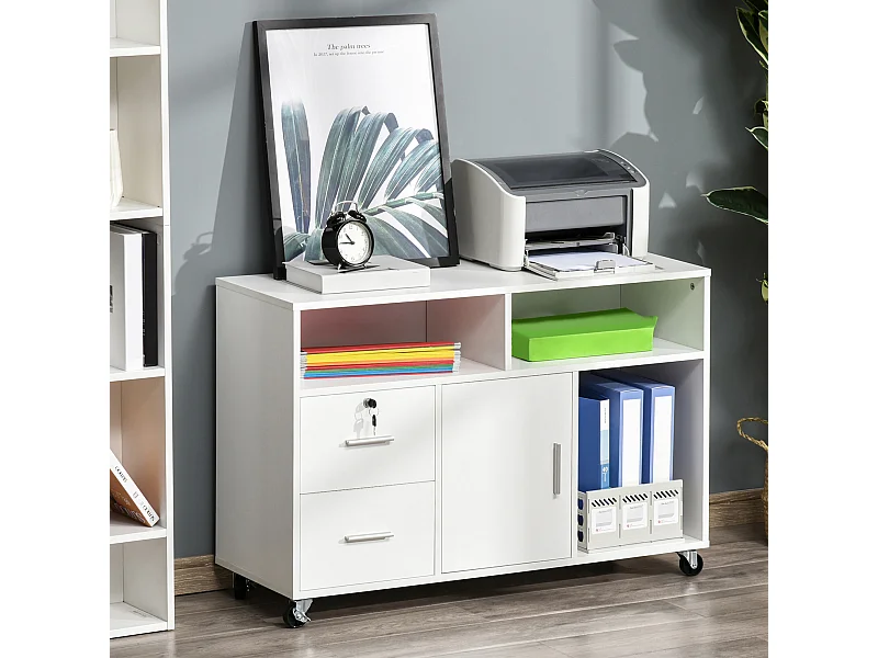 Support d'imprimante mobile 2 tiroirs coulissants 3 niches porte étagère dim. 100 x 35 x 65 cm blanc