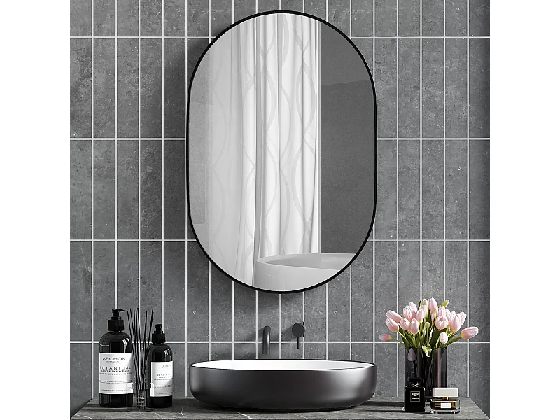 Miroir mural ovale dim. 60L x 90H cm cadre arrondi montage vertical/horizontal alu. noir