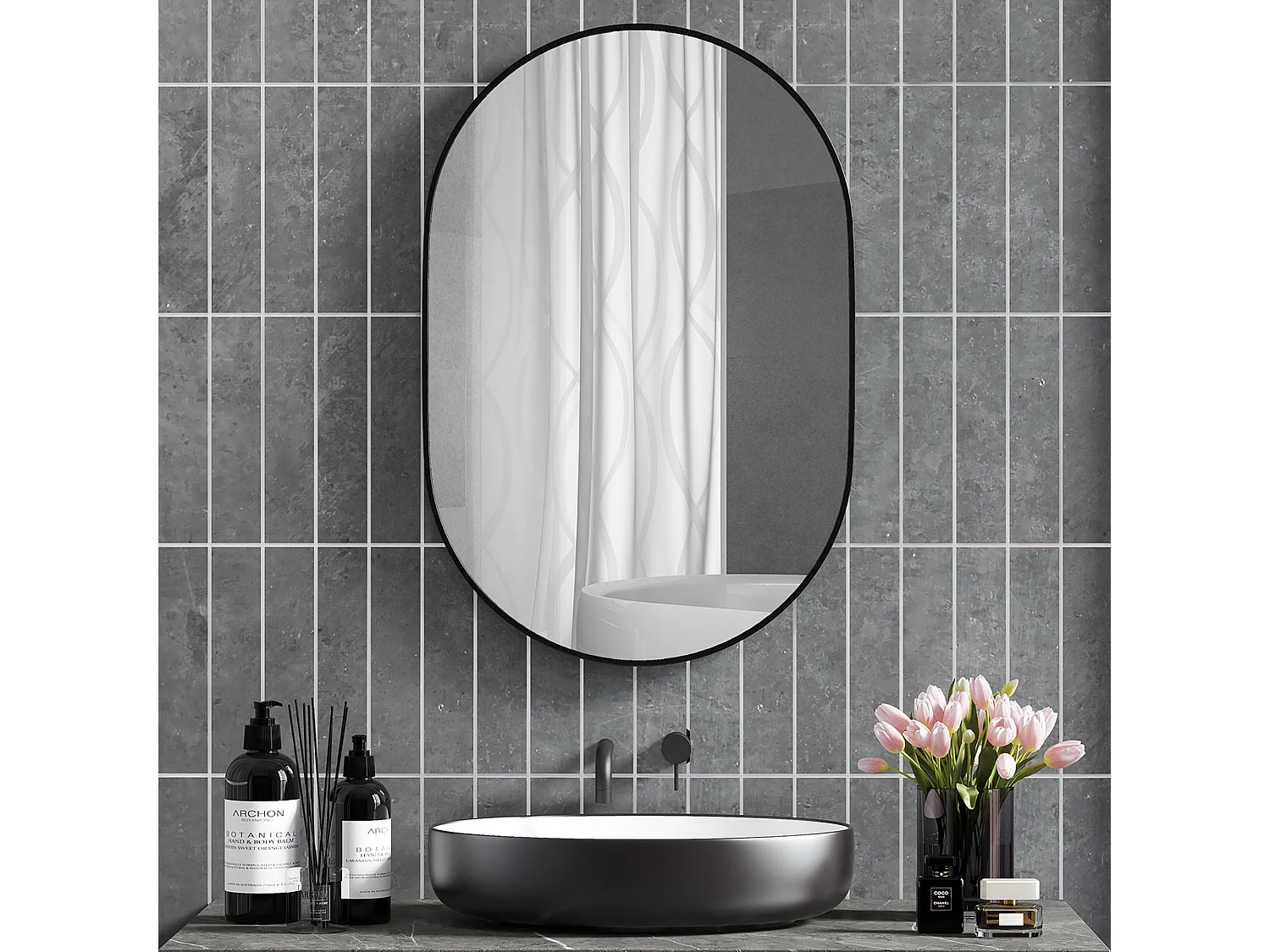 Miroir mural ovale dim. 60L x 90H cm cadre arrondi montage vertical/horizontal alu. noir