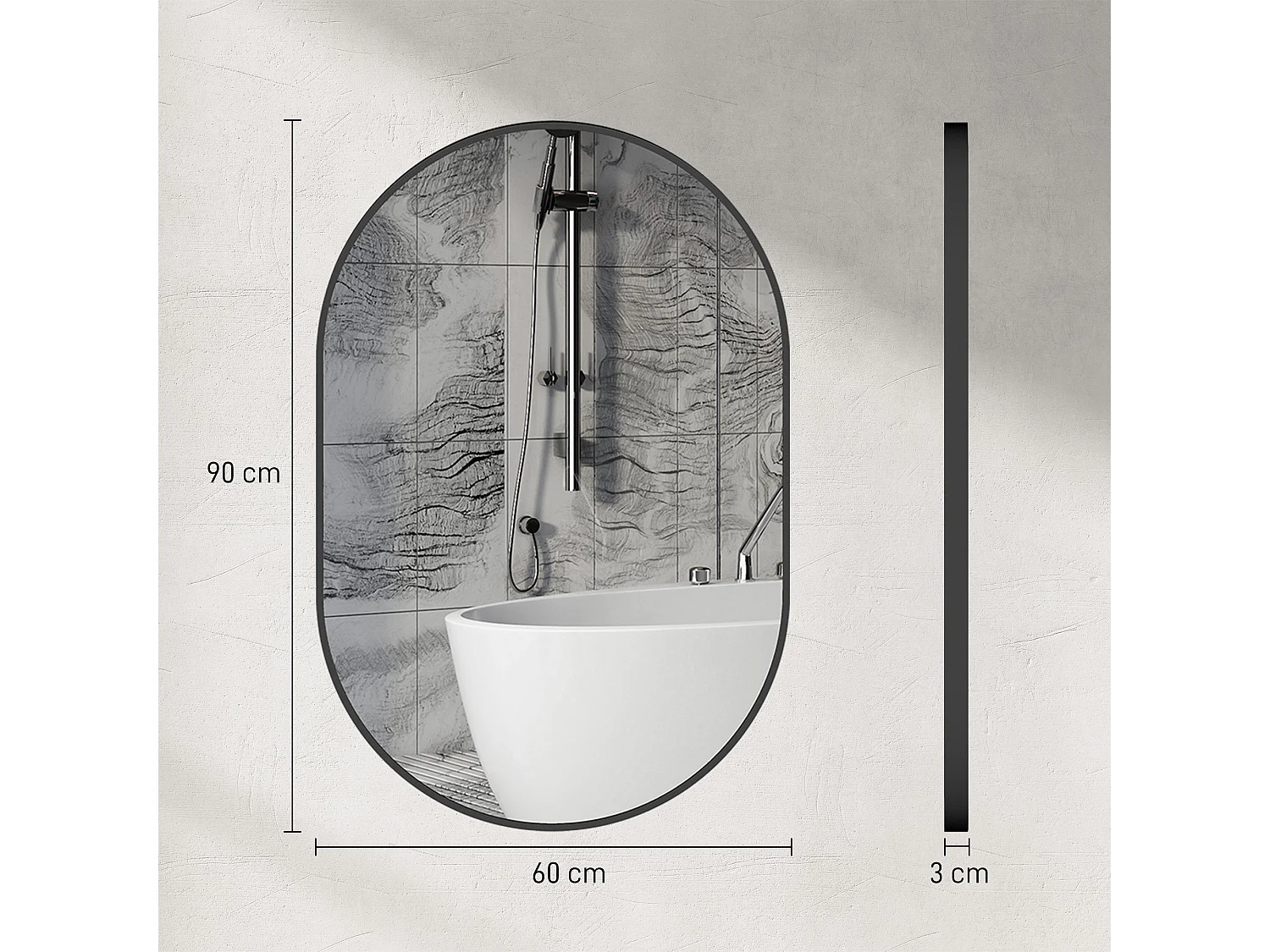 Miroir mural ovale dim. 60L x 90H cm cadre arrondi montage vertical/horizontal alu. noir