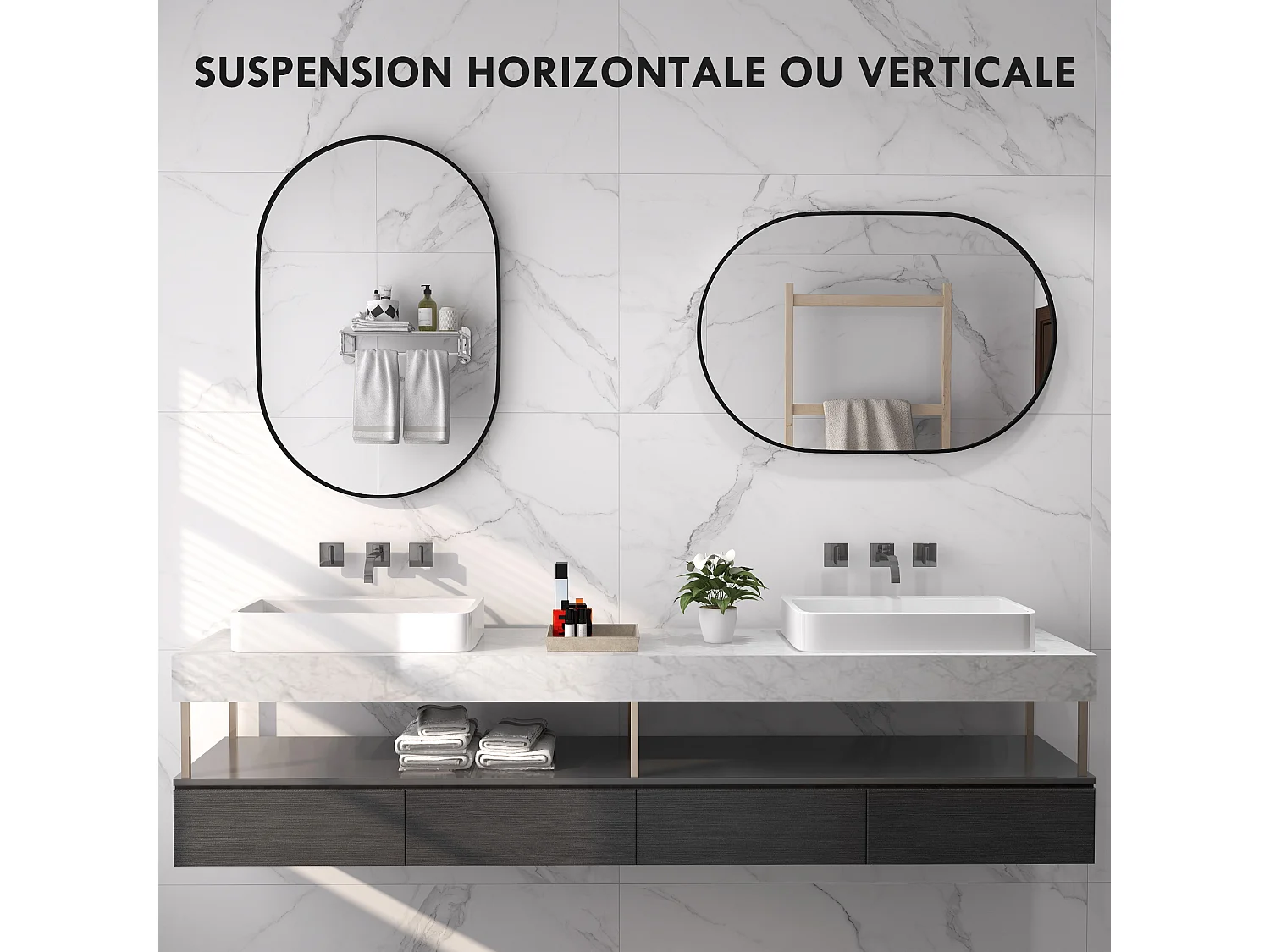 Miroir mural ovale dim. 60L x 90H cm cadre arrondi montage vertical/horizontal alu. noir