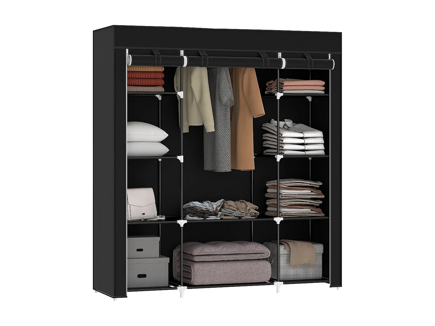 Armoire penderie toile - armoire tissu - 10 étagères, tringle - dim. 150 x 43 x 162,5 cm - noir