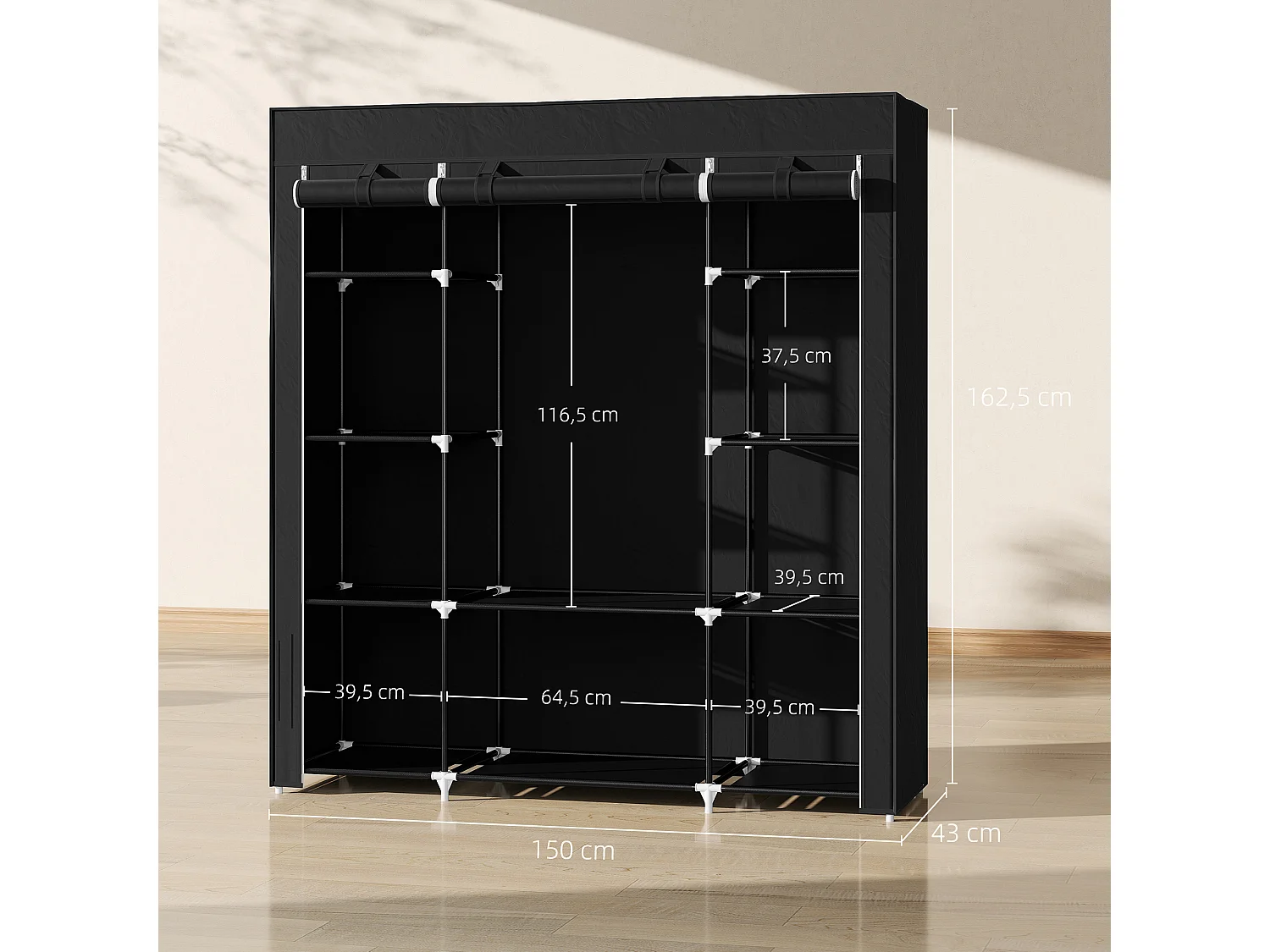 Armoire penderie toile - armoire tissu - 10 étagères, tringle - dim. 150 x 43 x 162,5 cm - noir