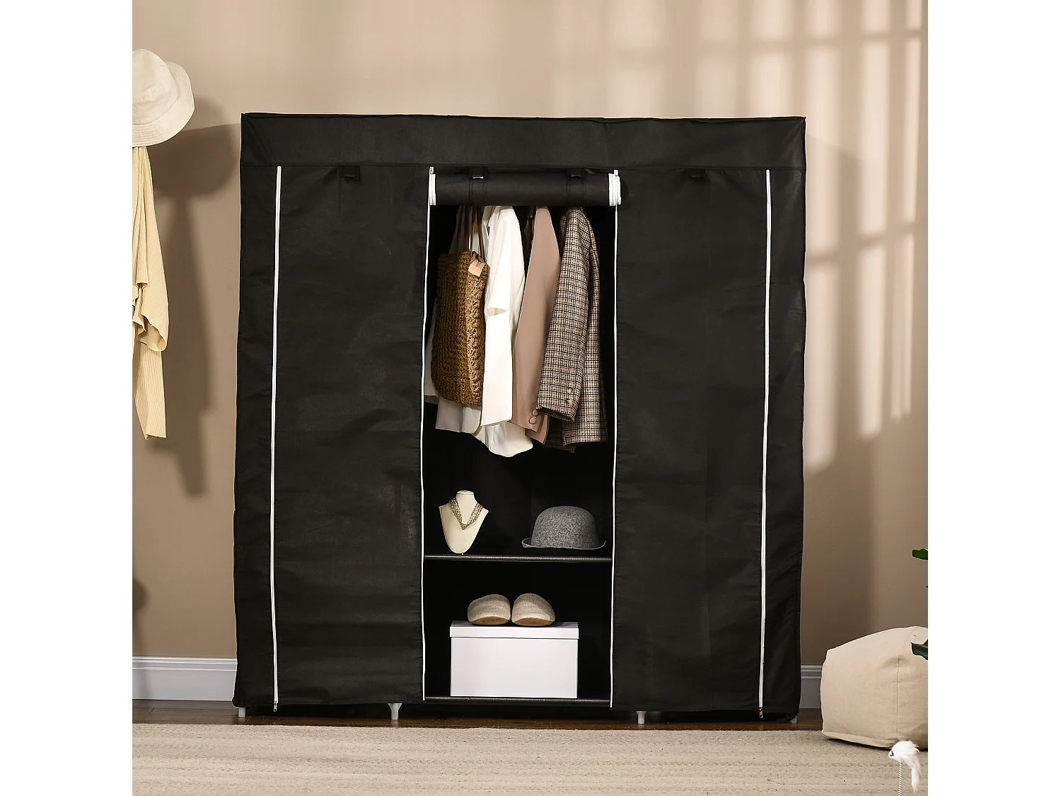 Armoire penderie toile - armoire tissu - 10 étagères, tringle - dim. 150 x 43 x 162,5 cm - noir