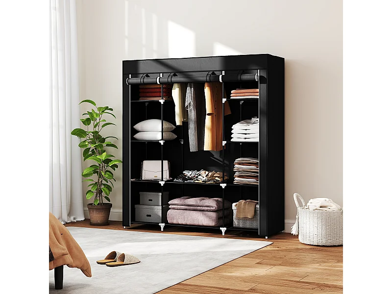 Armoire penderie toile - armoire tissu - 10 étagères, tringle - dim. 150 x 43 x 162,5 cm - noir