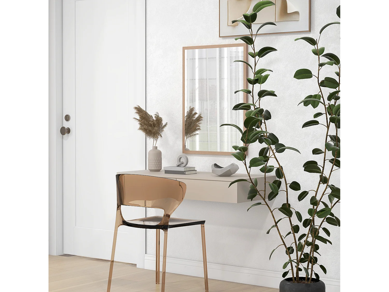 Miroir mural rectangulaire dim. 50L x 70H cm cadre MDF aspect bois clair