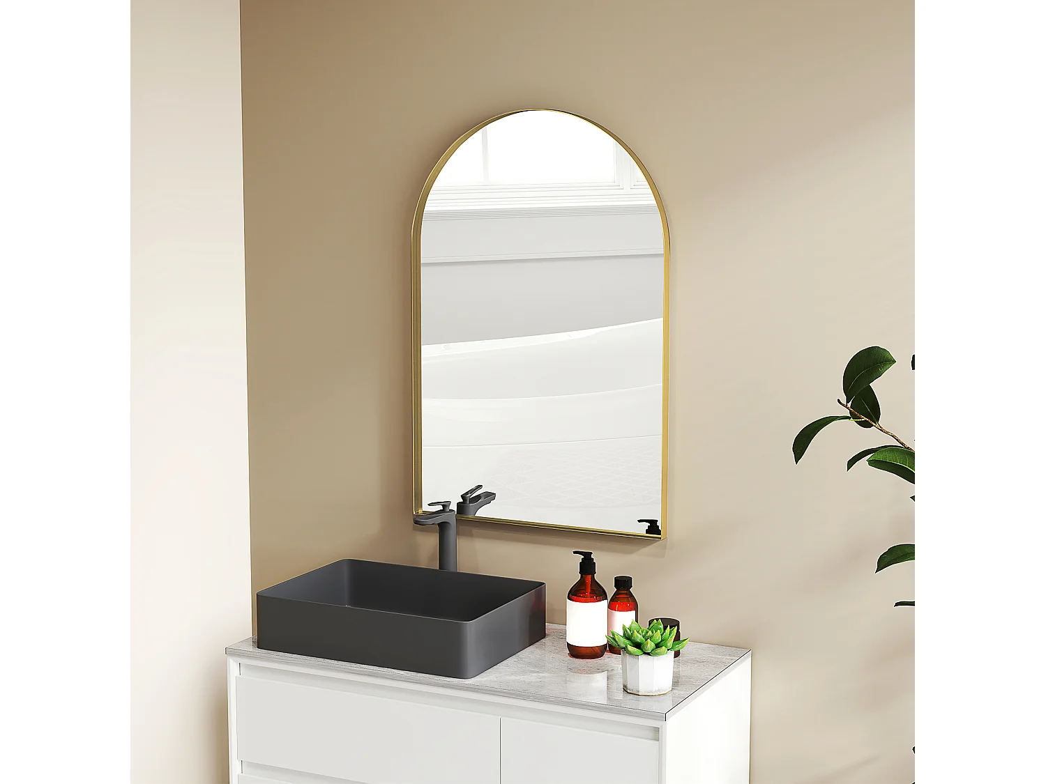 Miroir mural arqué 60 x 90 cm haute définition cadre alliage aluminium doré