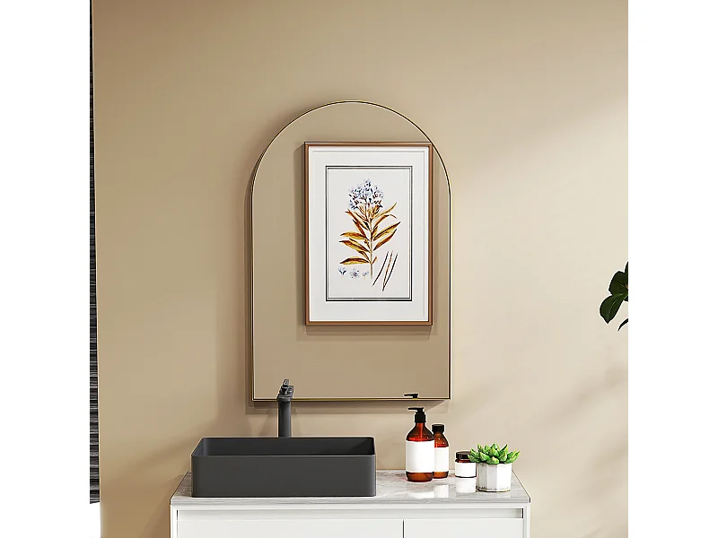 Miroir mural arqué 60 x 90 cm haute définition cadre alliage aluminium doré