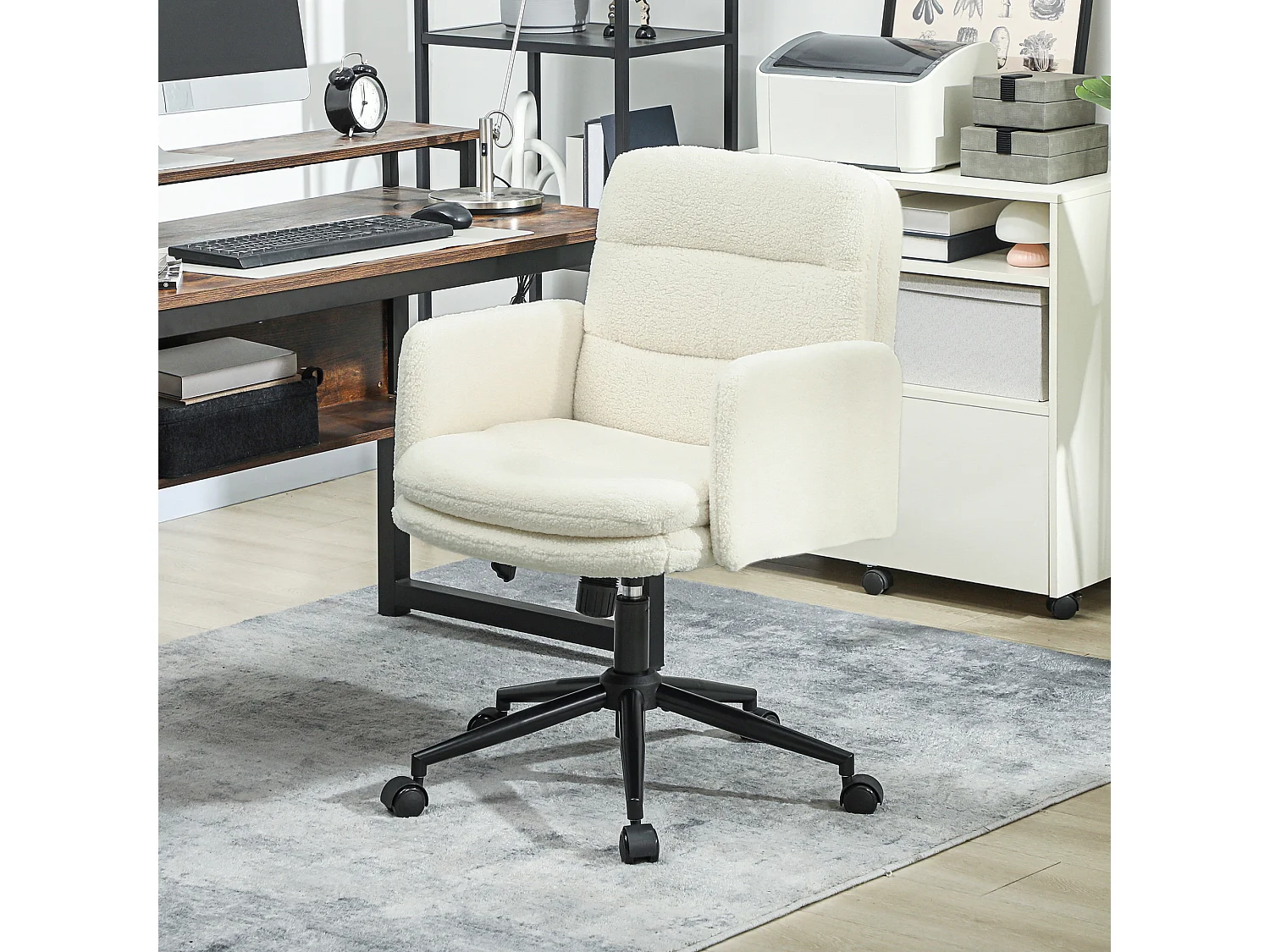 Chaise de bureau bouclette crème grand confort piètement acier noir