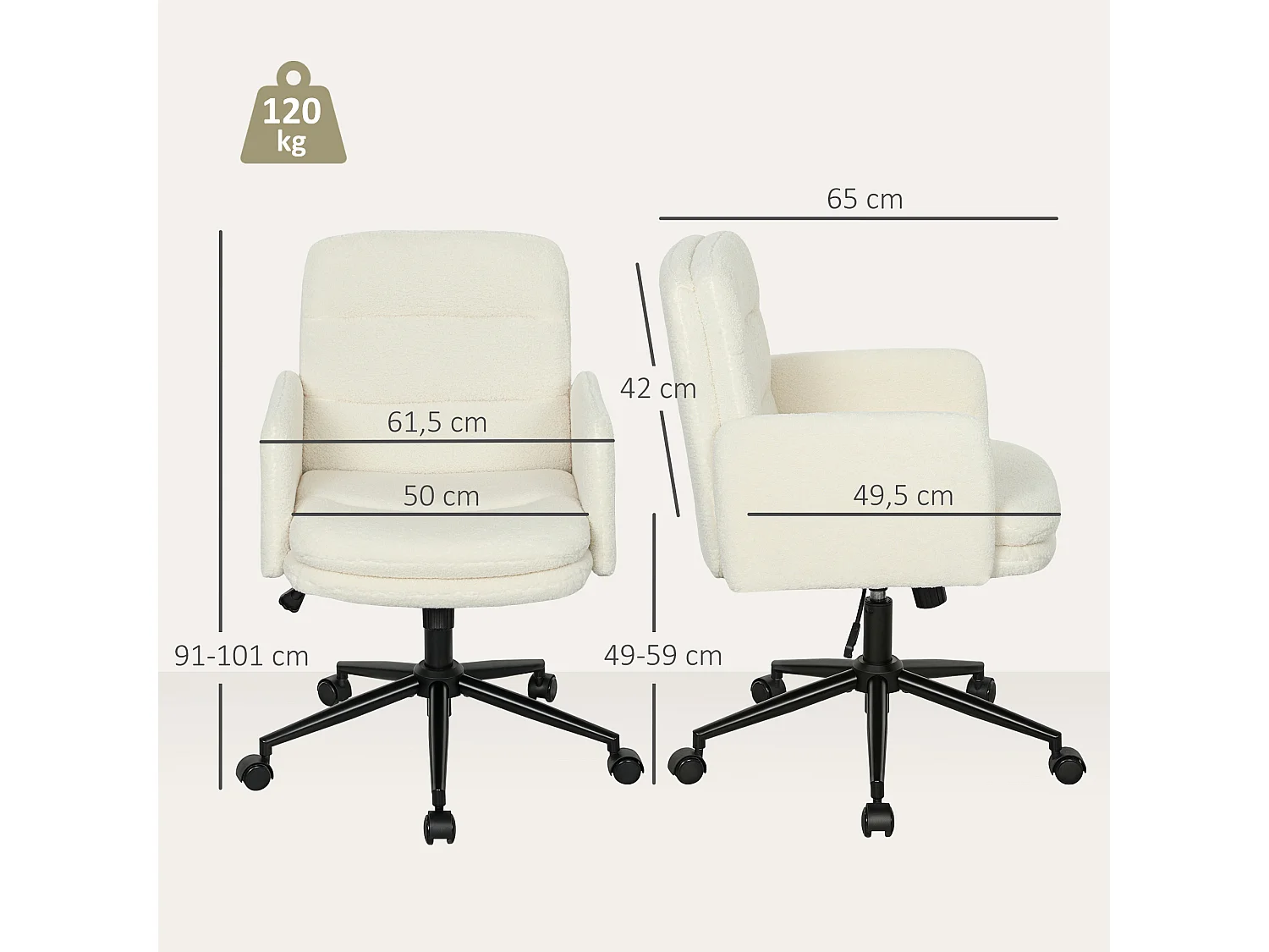 Chaise de bureau bouclette crème grand confort piètement acier noir