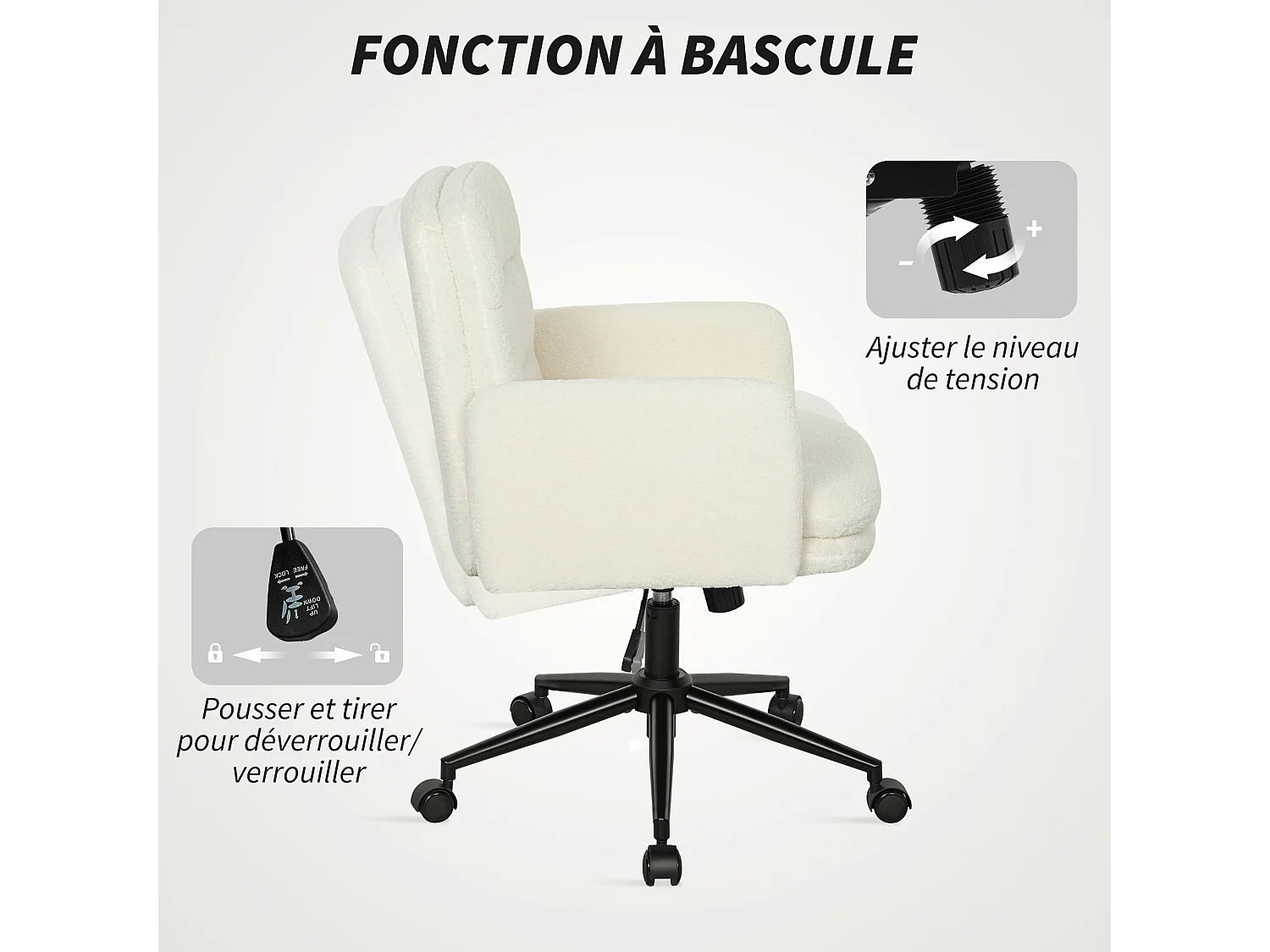 Chaise de bureau bouclette crème grand confort piètement acier noir