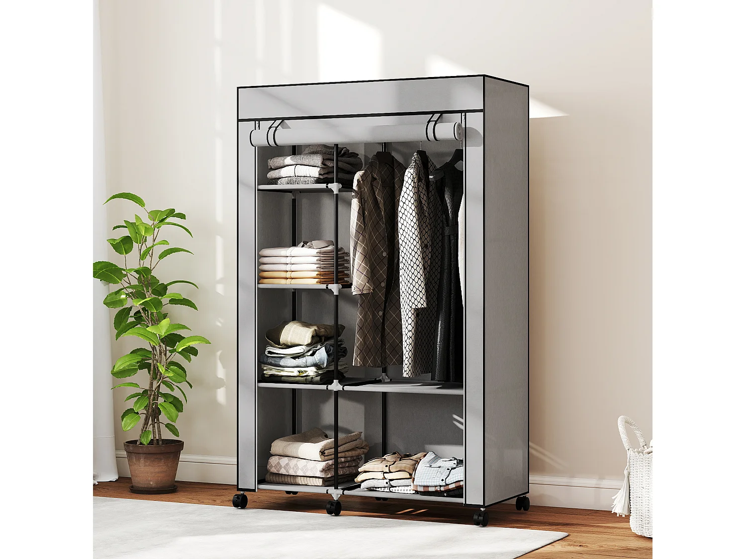 Armoire penderie mobile tissu - 5 étagères, penderie - dim. 103x43x162,5 cm - noir gris