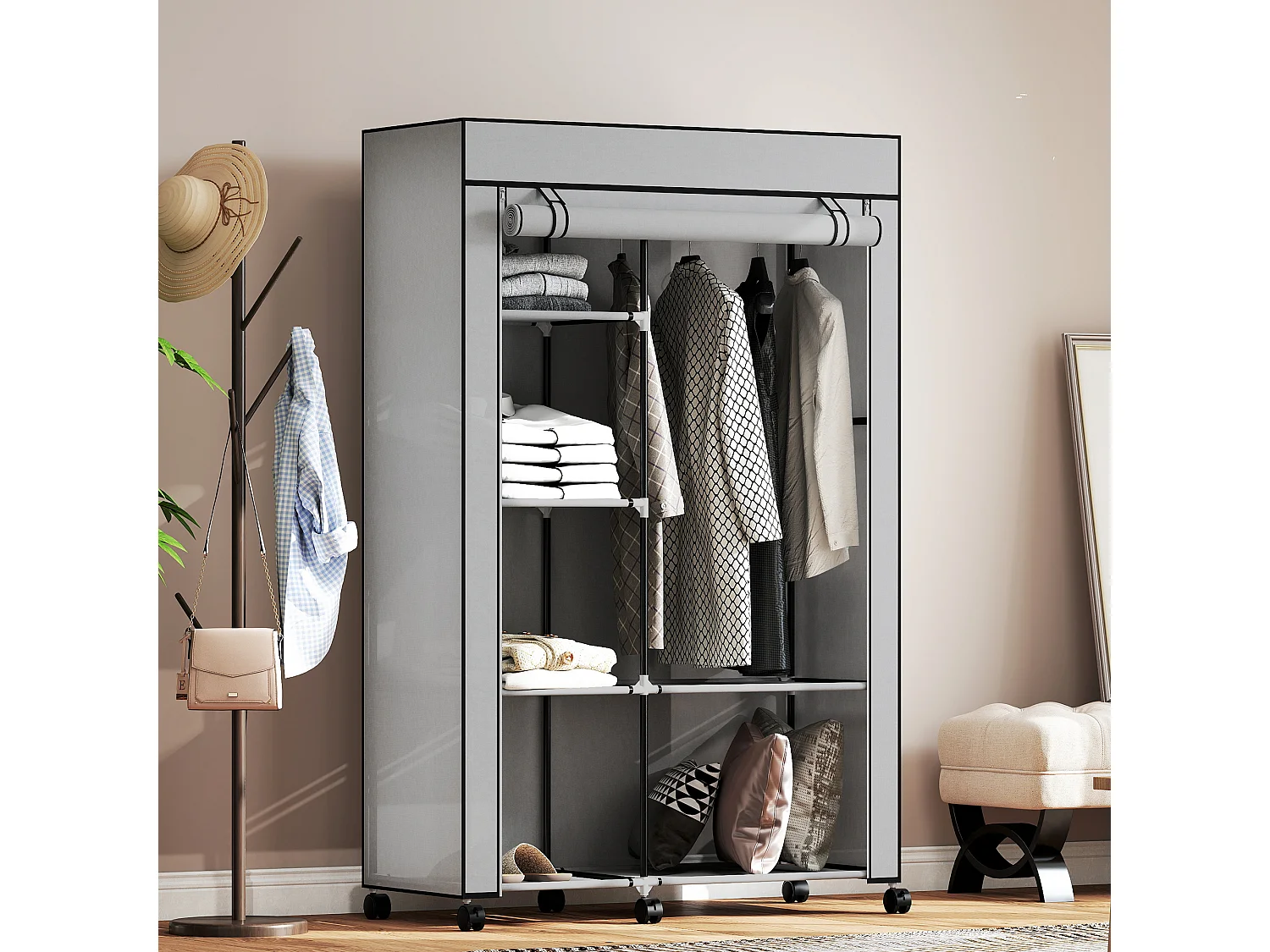 Armoire penderie mobile tissu - 5 étagères, penderie - dim. 103x43x162,5 cm - noir gris