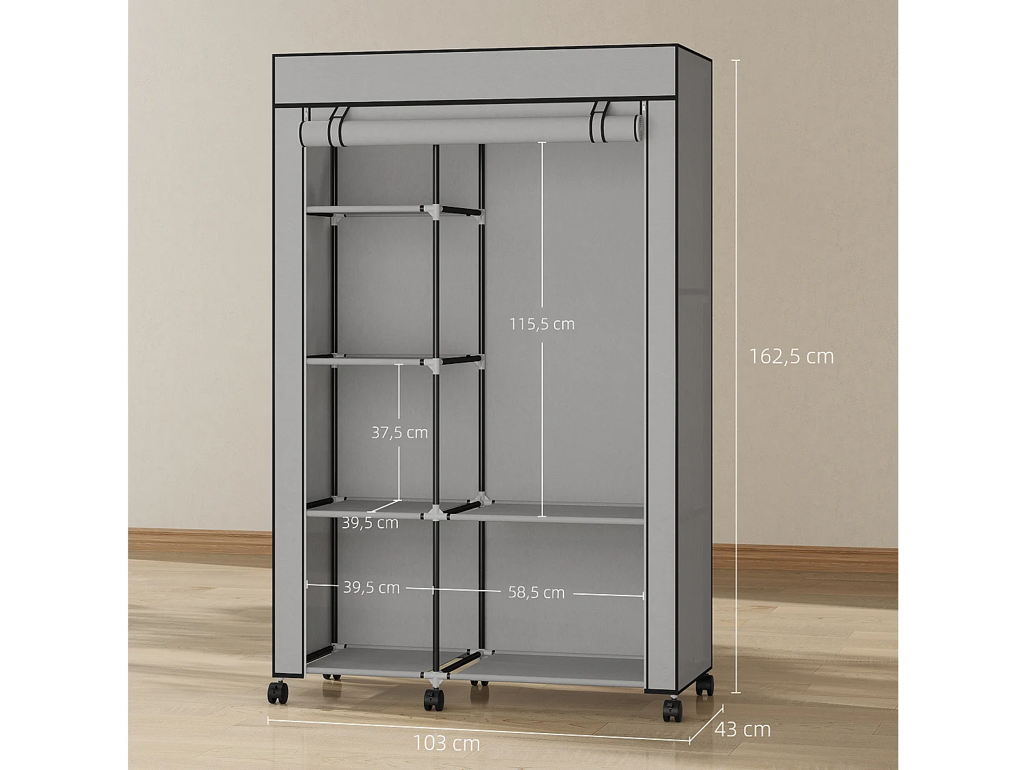 Armoire penderie mobile tissu - 5 étagères, penderie - dim. 103x43x162,5 cm - noir gris