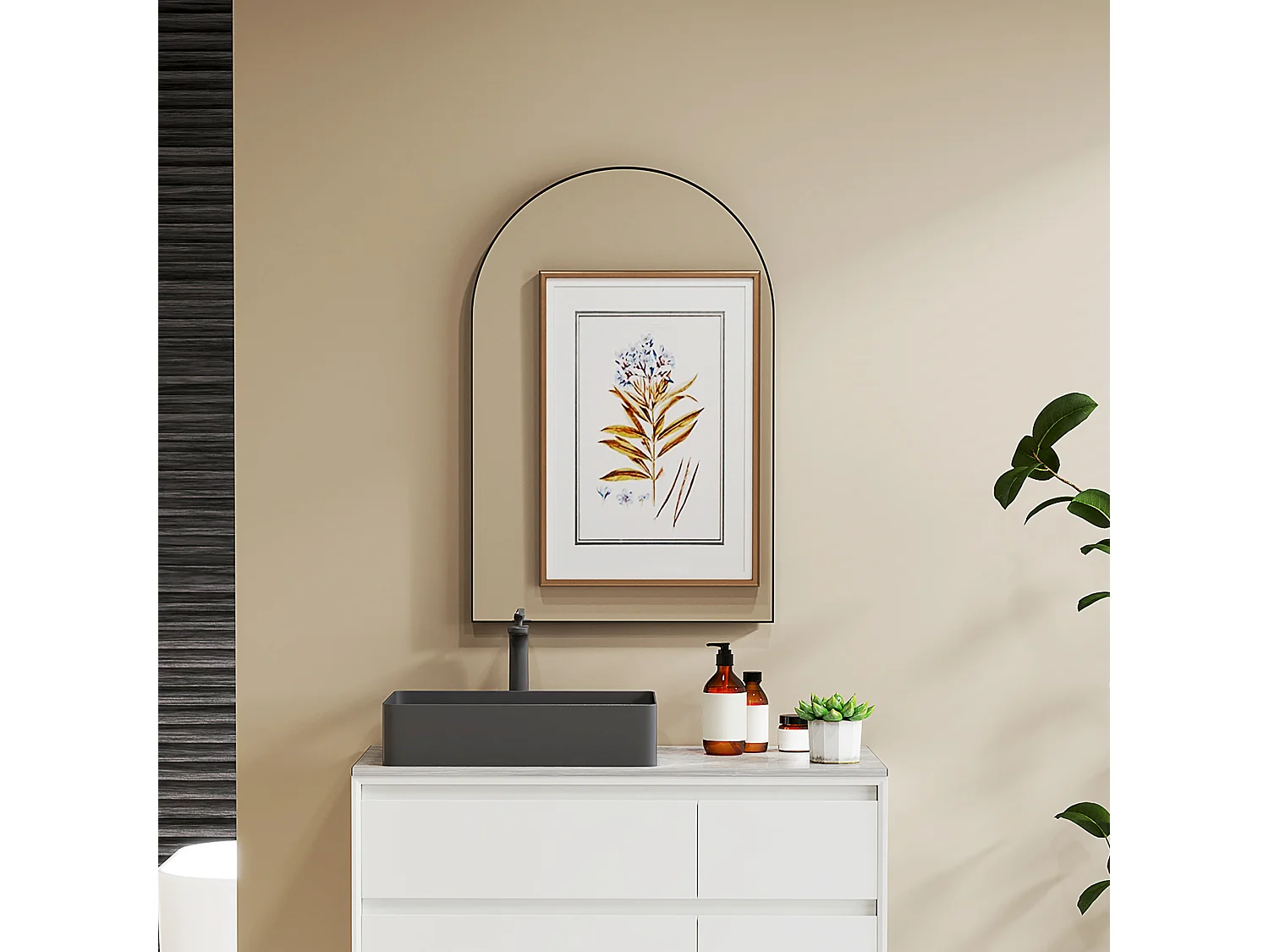 Miroir mural arqué 60 x 90 cm haute définition cadre alliage aluminium noir