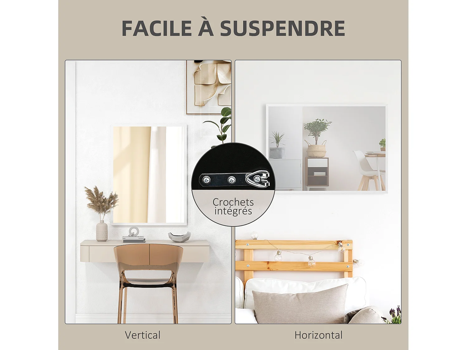 Miroir mural rectangulaire dim. 60L x 80H cm MDF blanc