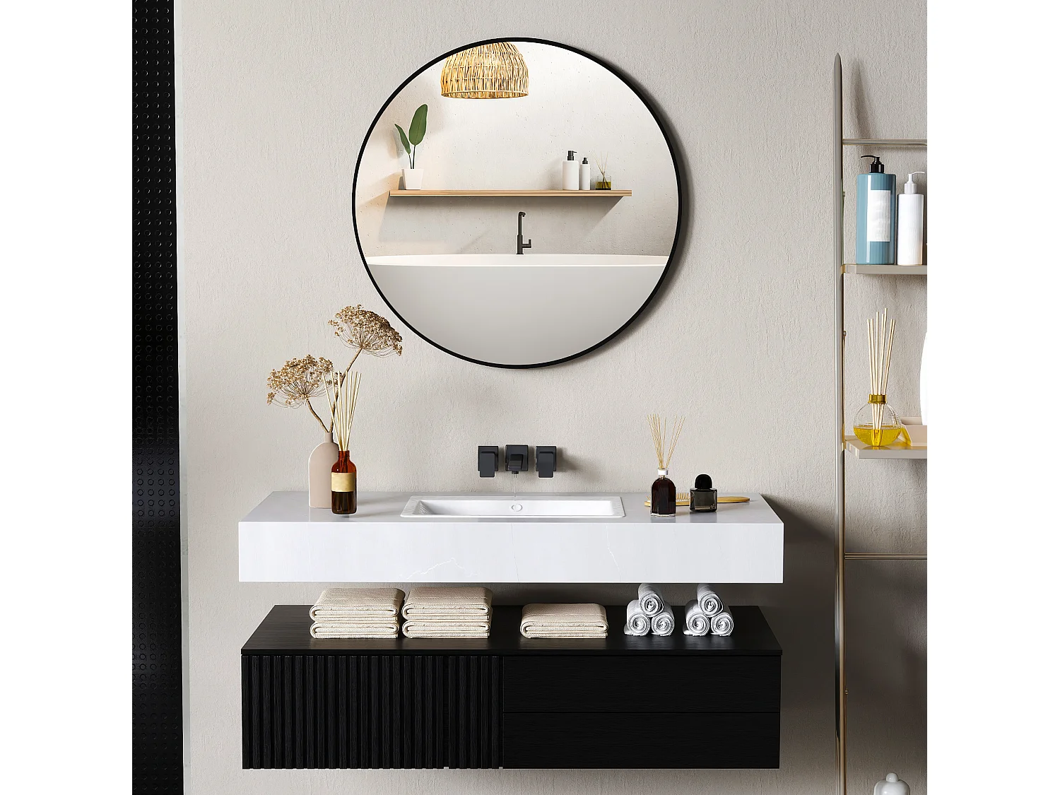 Miroir mural rond dia. 70 cm cadre métal noir