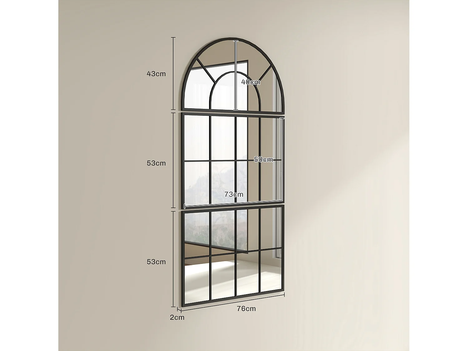 Miroir mural style verrière ensemble de 3 pièces métal noir verre