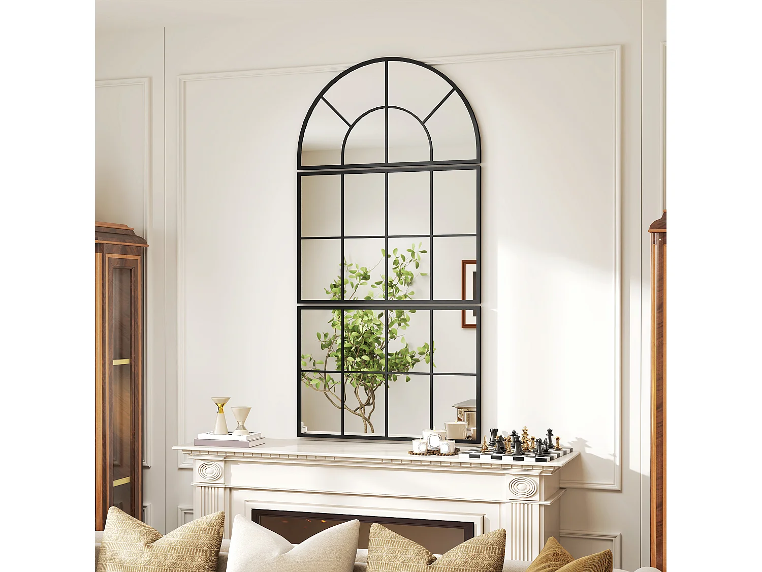 Miroir mural style verrière ensemble de 3 pièces métal noir verre