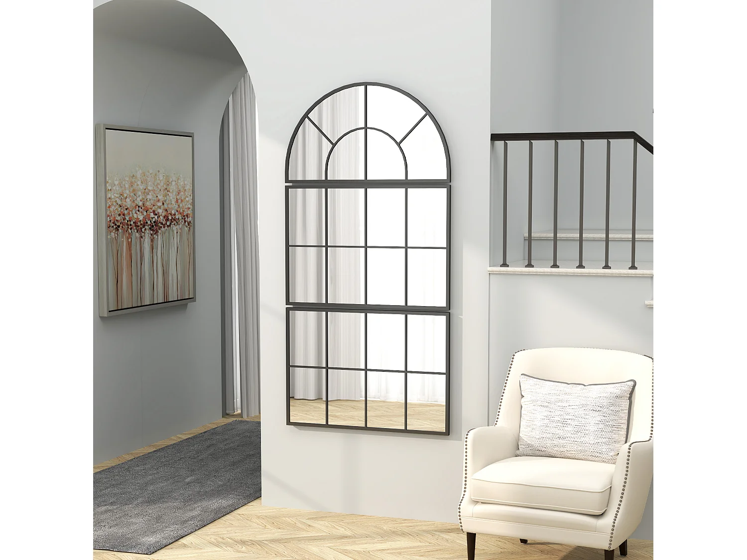 Miroir mural style verrière ensemble de 3 pièces métal noir verre