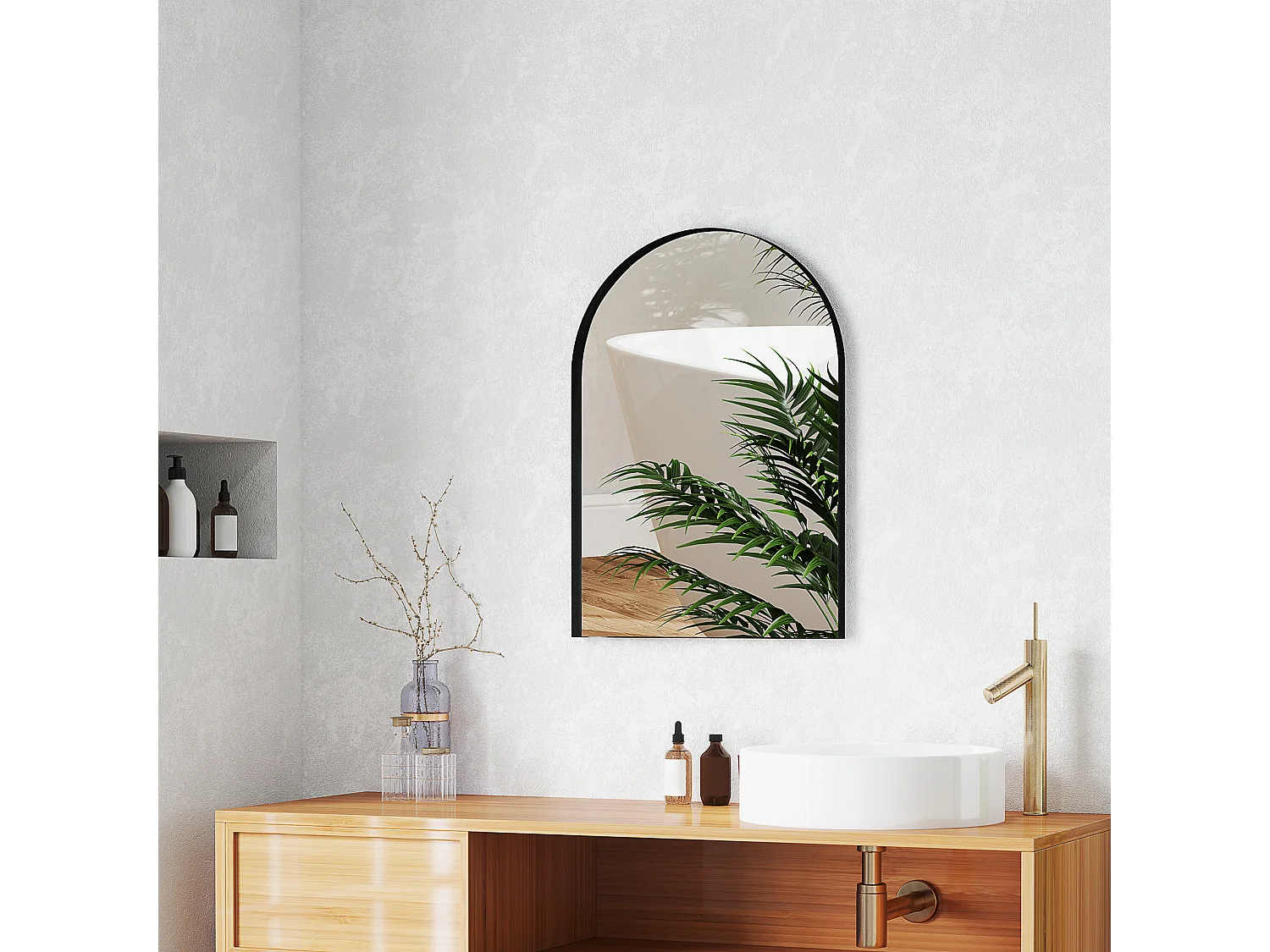 Miroir mural arqué 50 x 70 cm haute définition cadre alliage aluminium noir