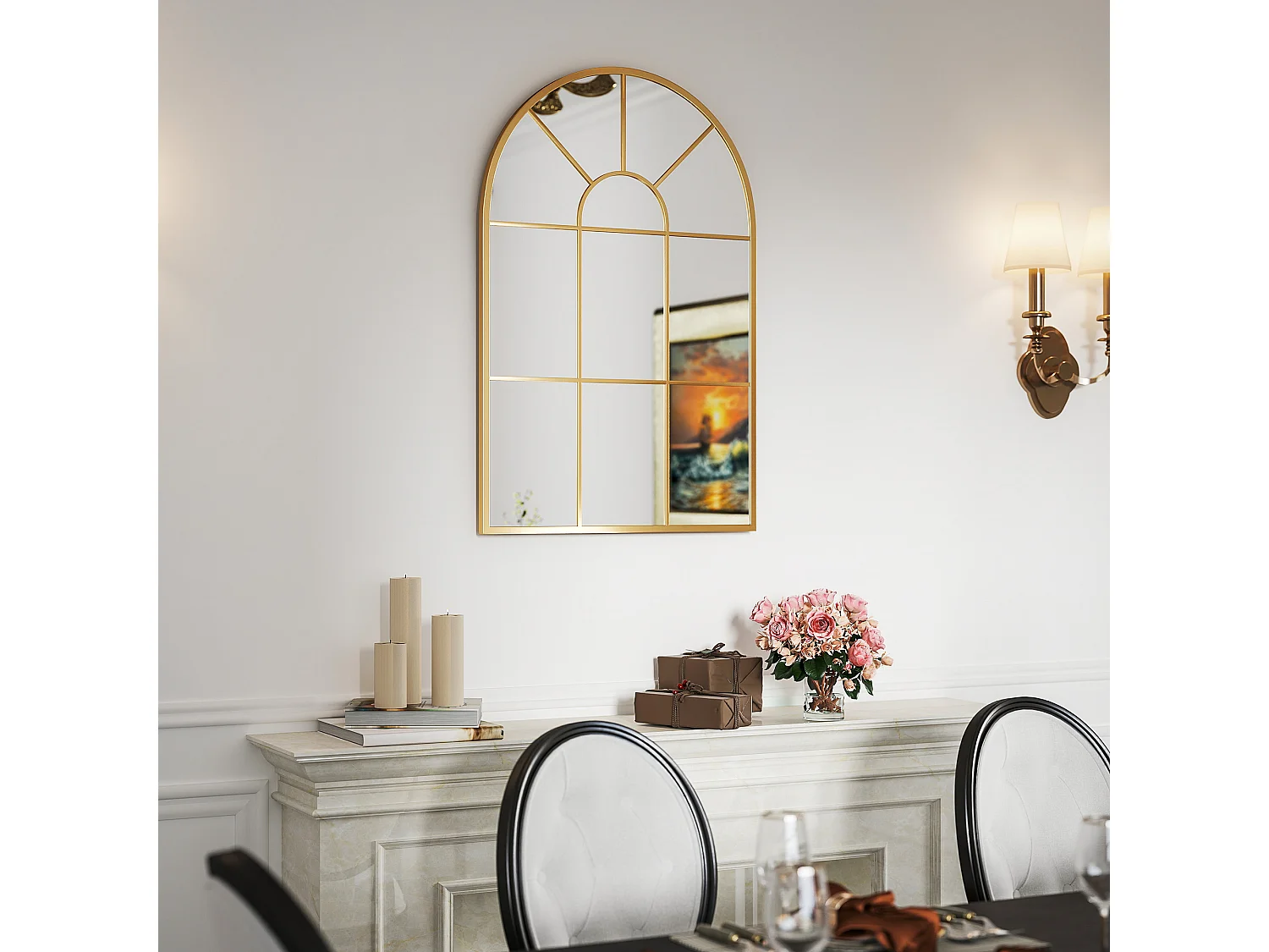 Miroir mural aspect verrière style classique chic - dim. 60L x 90H cm - métal doré verre 3 mm