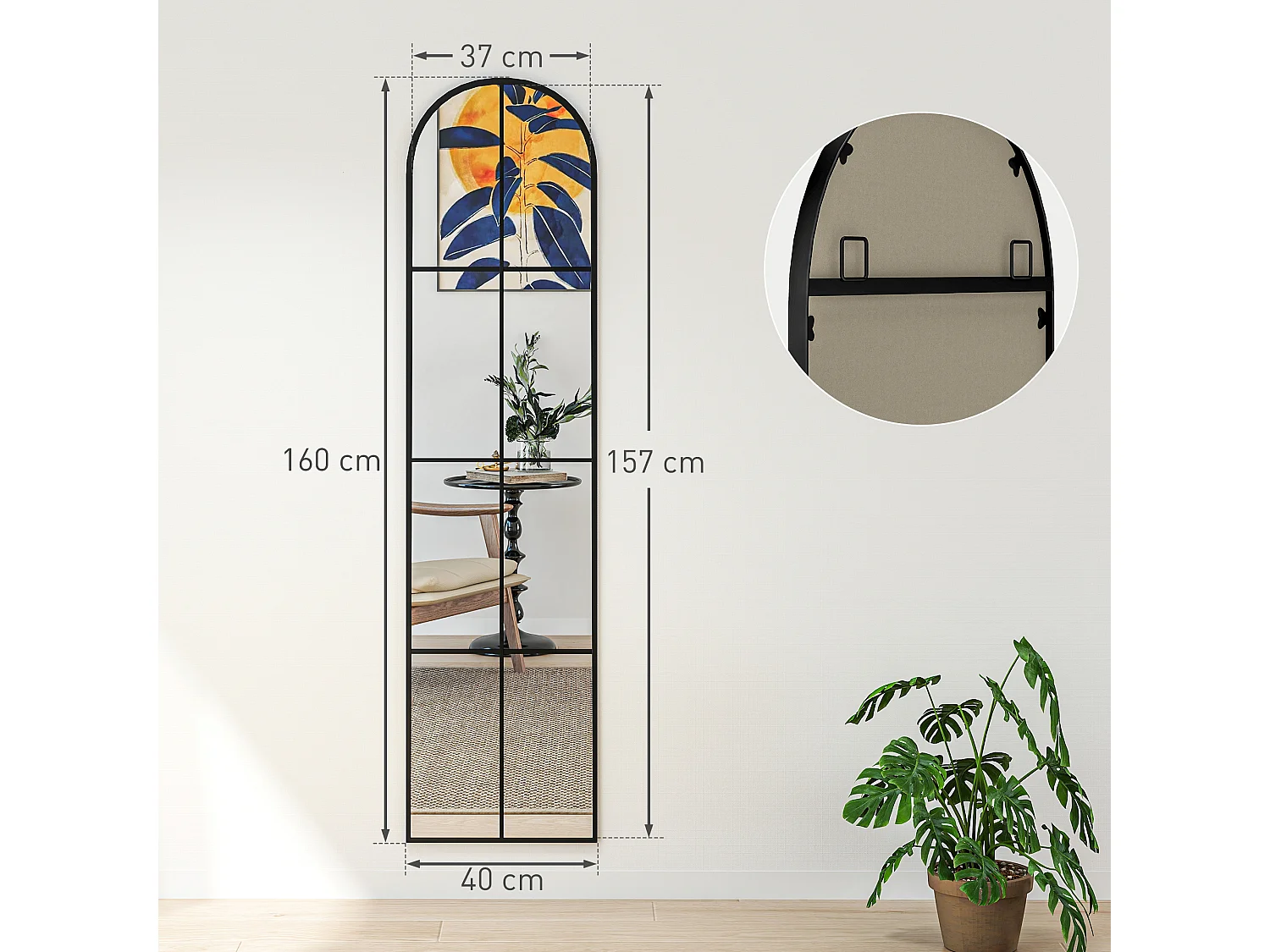 Grand miroir mural pleine longueur 40x160 cm style verrière métal noir