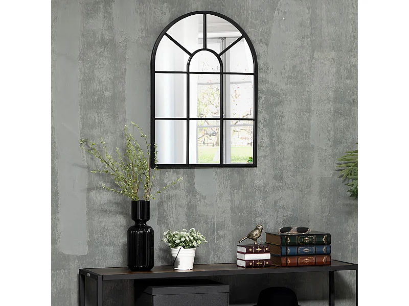 Miroir mural style art déco forme voûtée dim. 50L x 70H cm métal noir verre