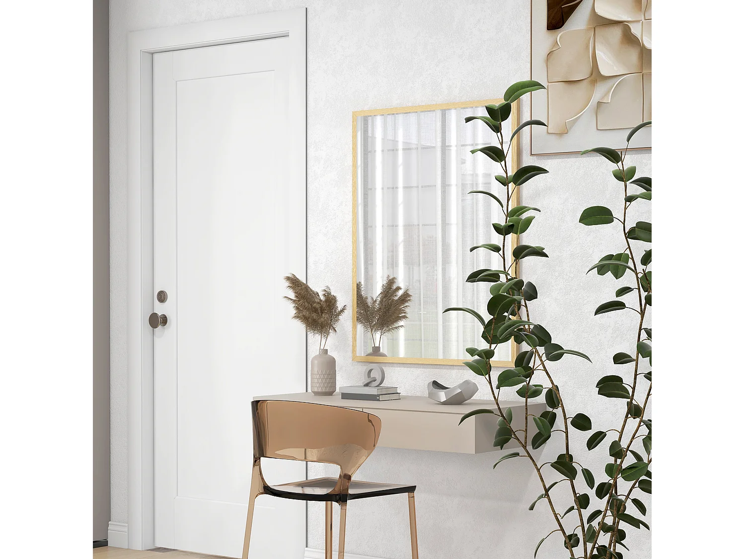 Miroir mural rectangulaire dim. 70L x 90H cm cadre MDF aspect bois clair