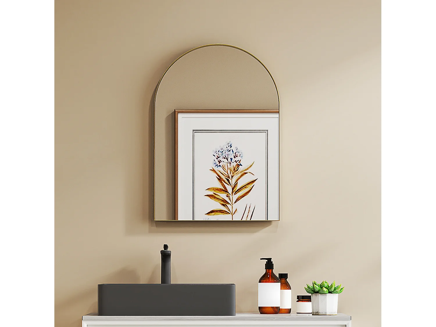Miroir mural arqué 50 x 70 cm haute définition cadre alliage aluminium doré