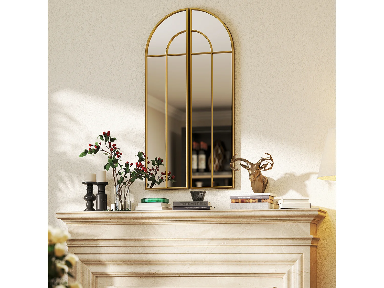 Miroir mural style verrière dim. panneau 30 x 120 cm métal doré verre