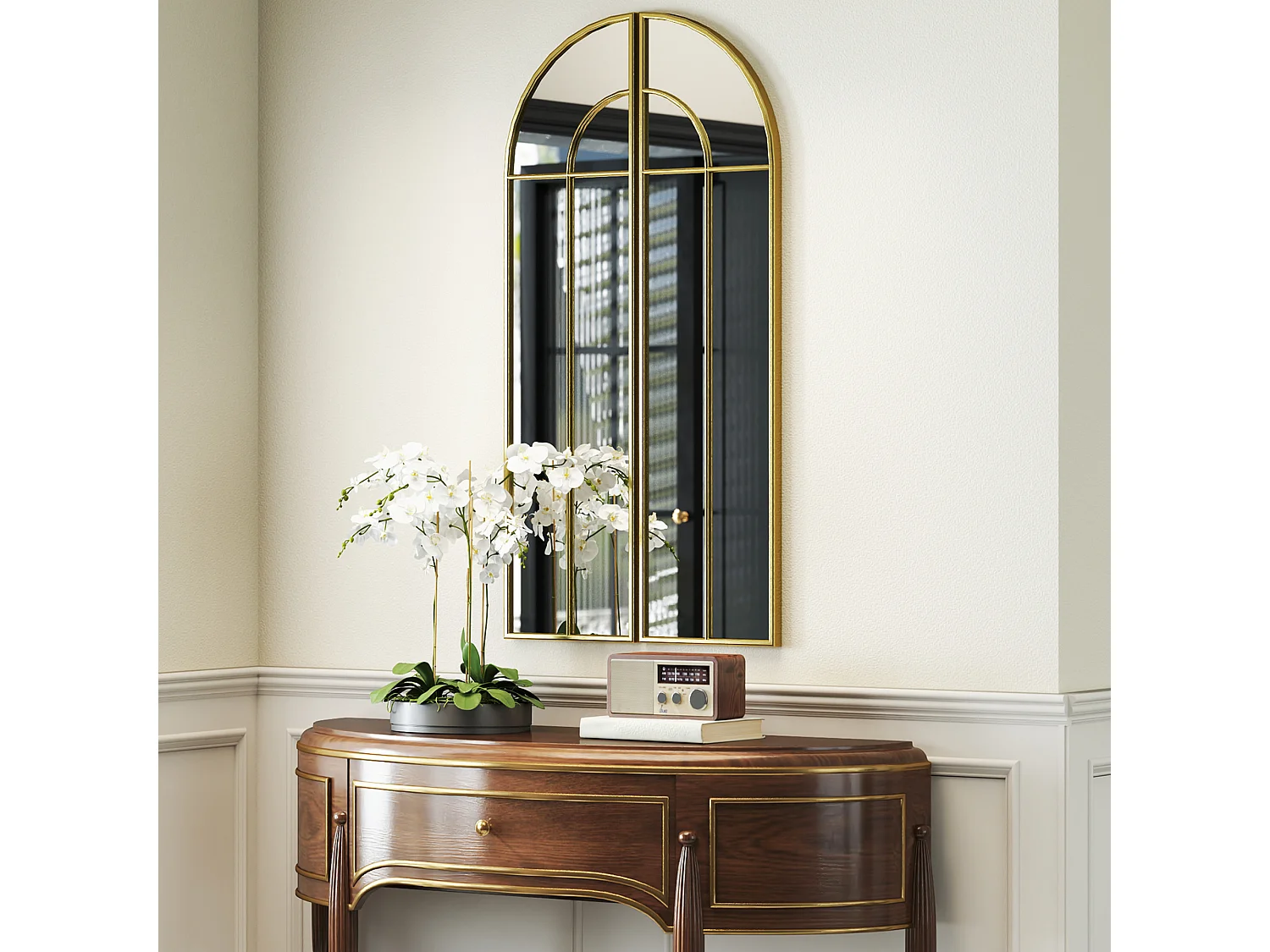 Miroir mural style verrière dim. panneau 30 x 120 cm métal doré verre