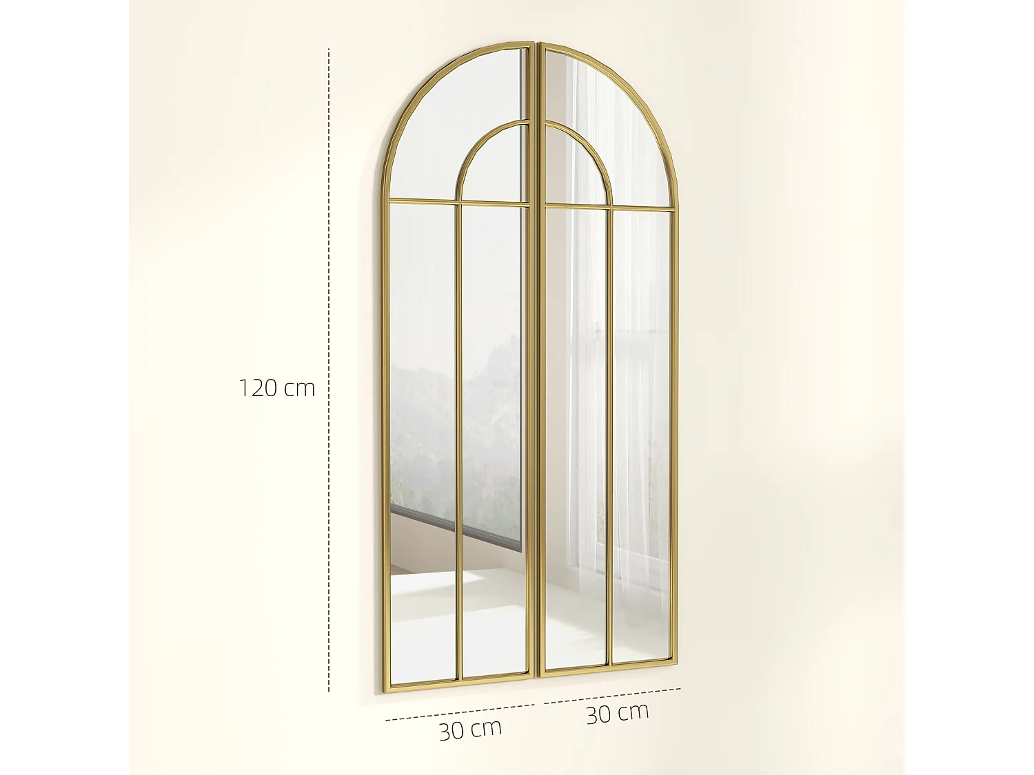 Miroir mural style verrière dim. panneau 30 x 120 cm métal doré verre