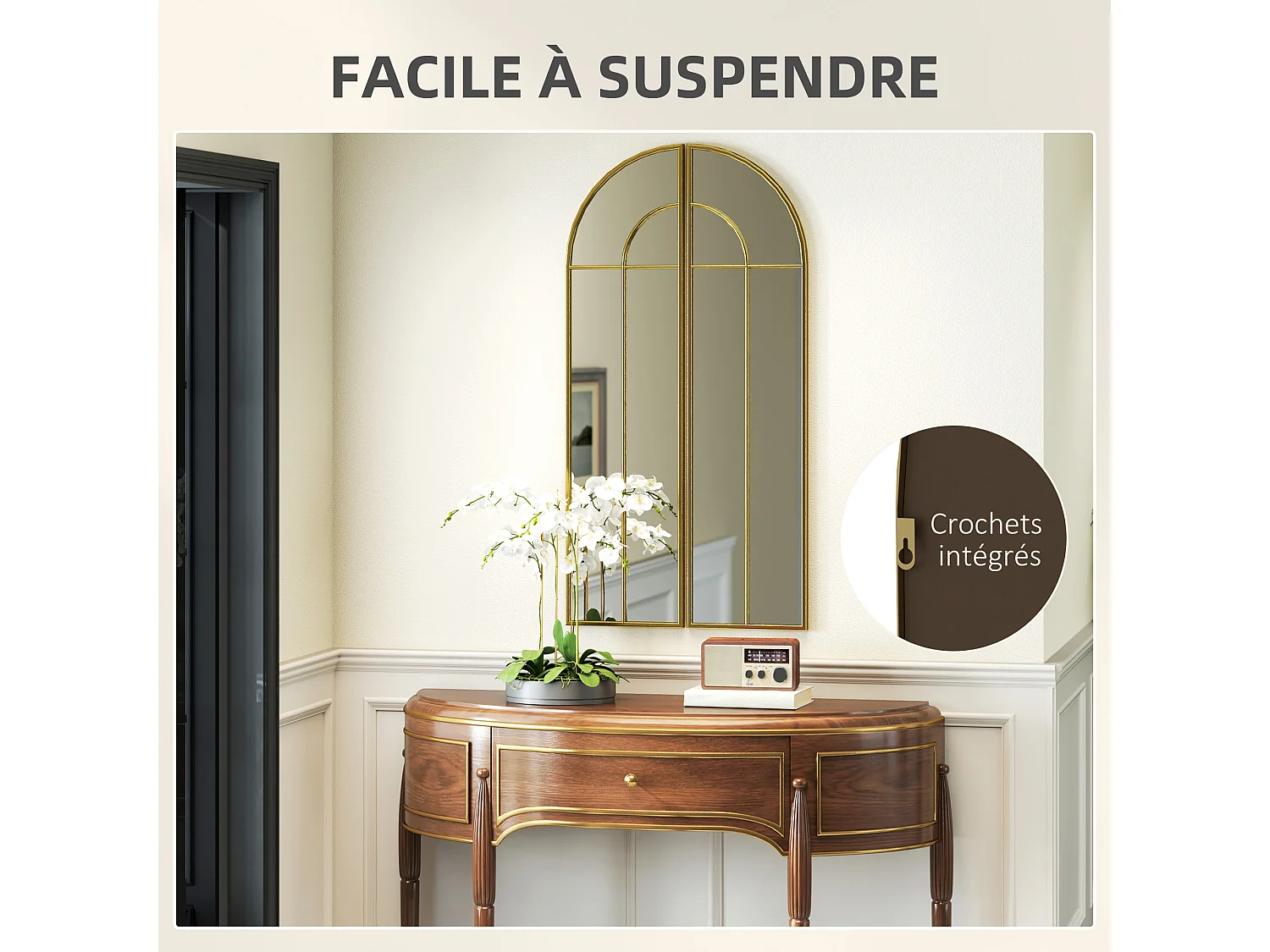 Miroir mural style verrière dim. panneau 30 x 120 cm métal doré verre