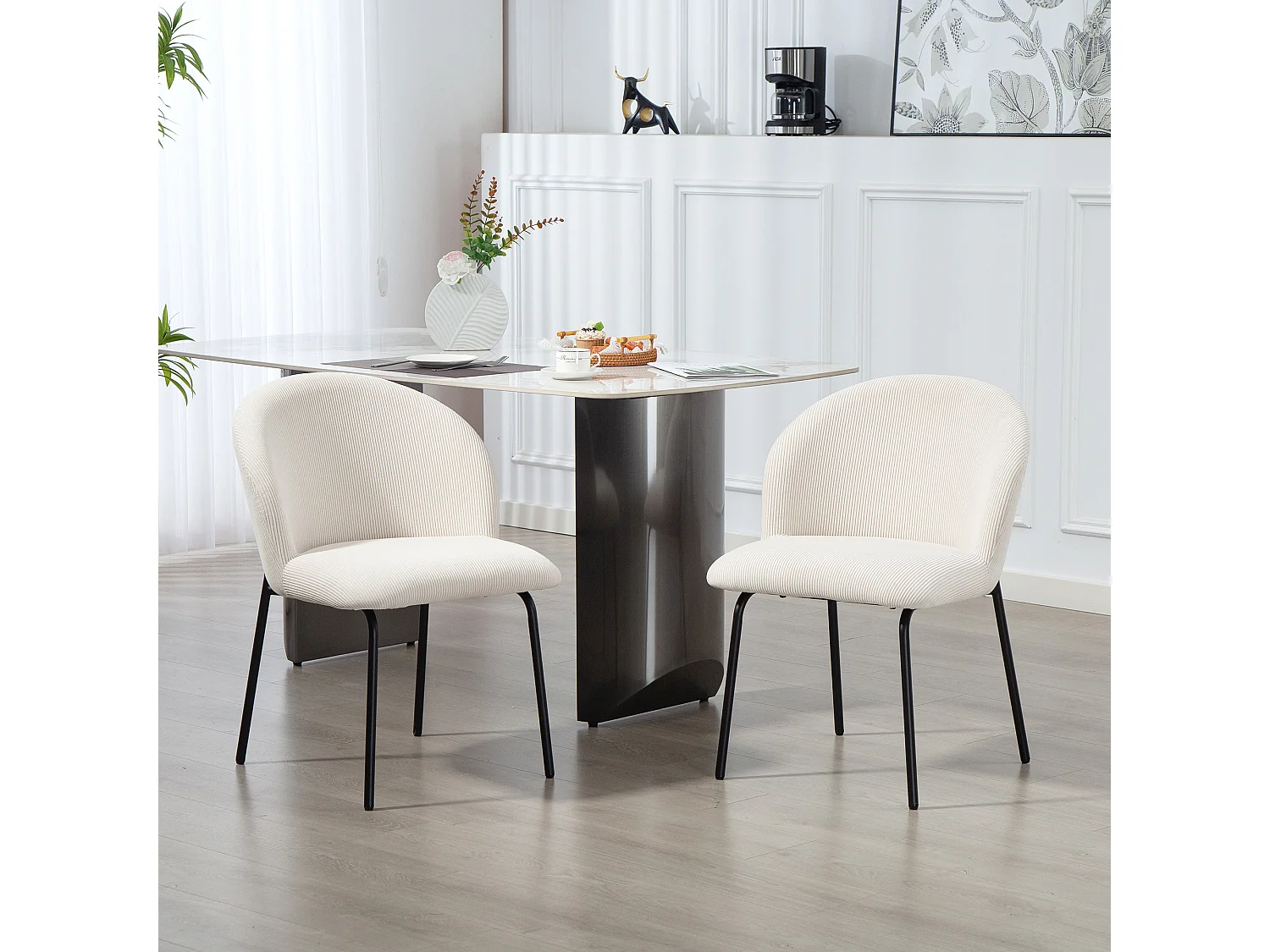 Lot de 2 chaises de salle à manger velours côtelé crème piètement acier noir