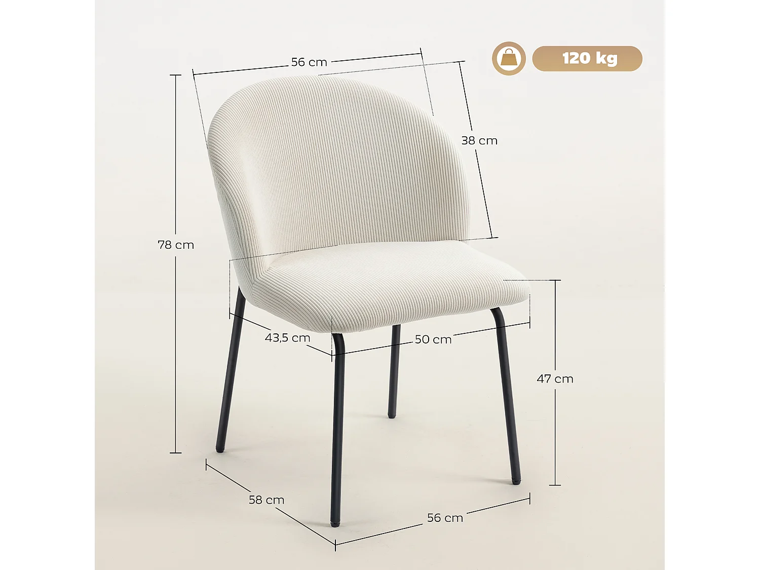 Lot de 2 chaises de salle à manger velours côtelé crème piètement acier noir