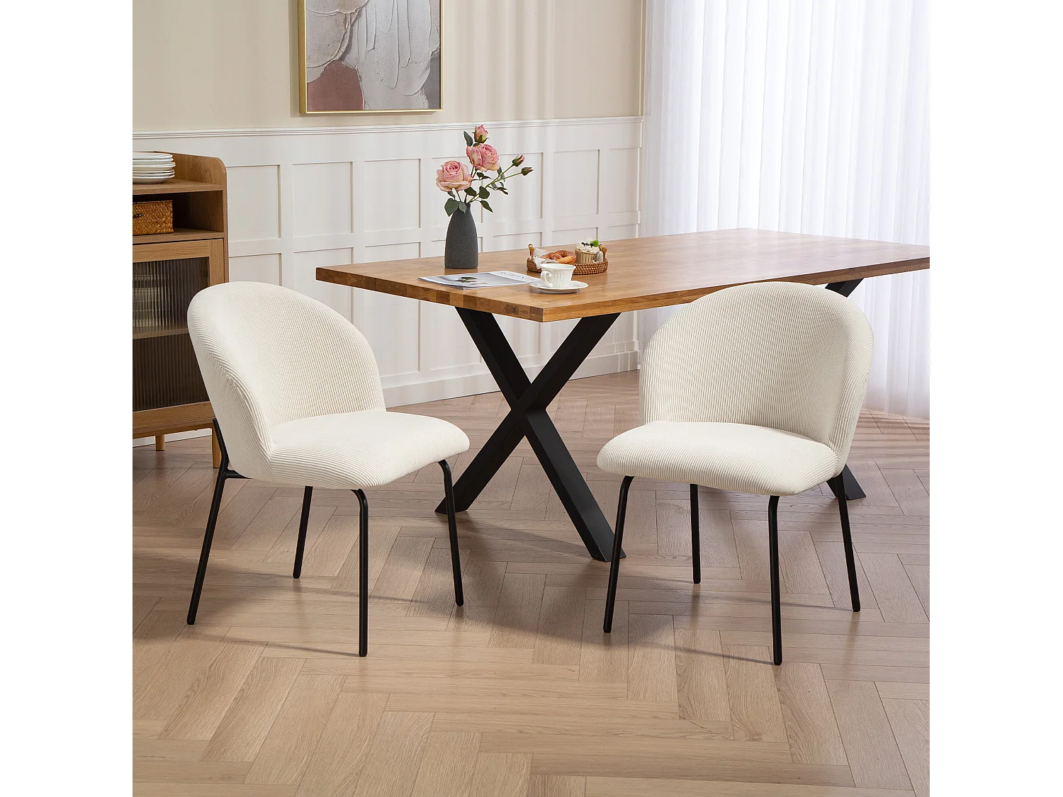 Lot de 2 chaises de salle à manger velours côtelé crème piètement acier noir