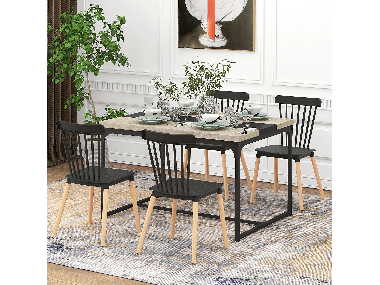 Lot de 4 chaises de salle à manger style scandinave piètement bois hêtre PP noir