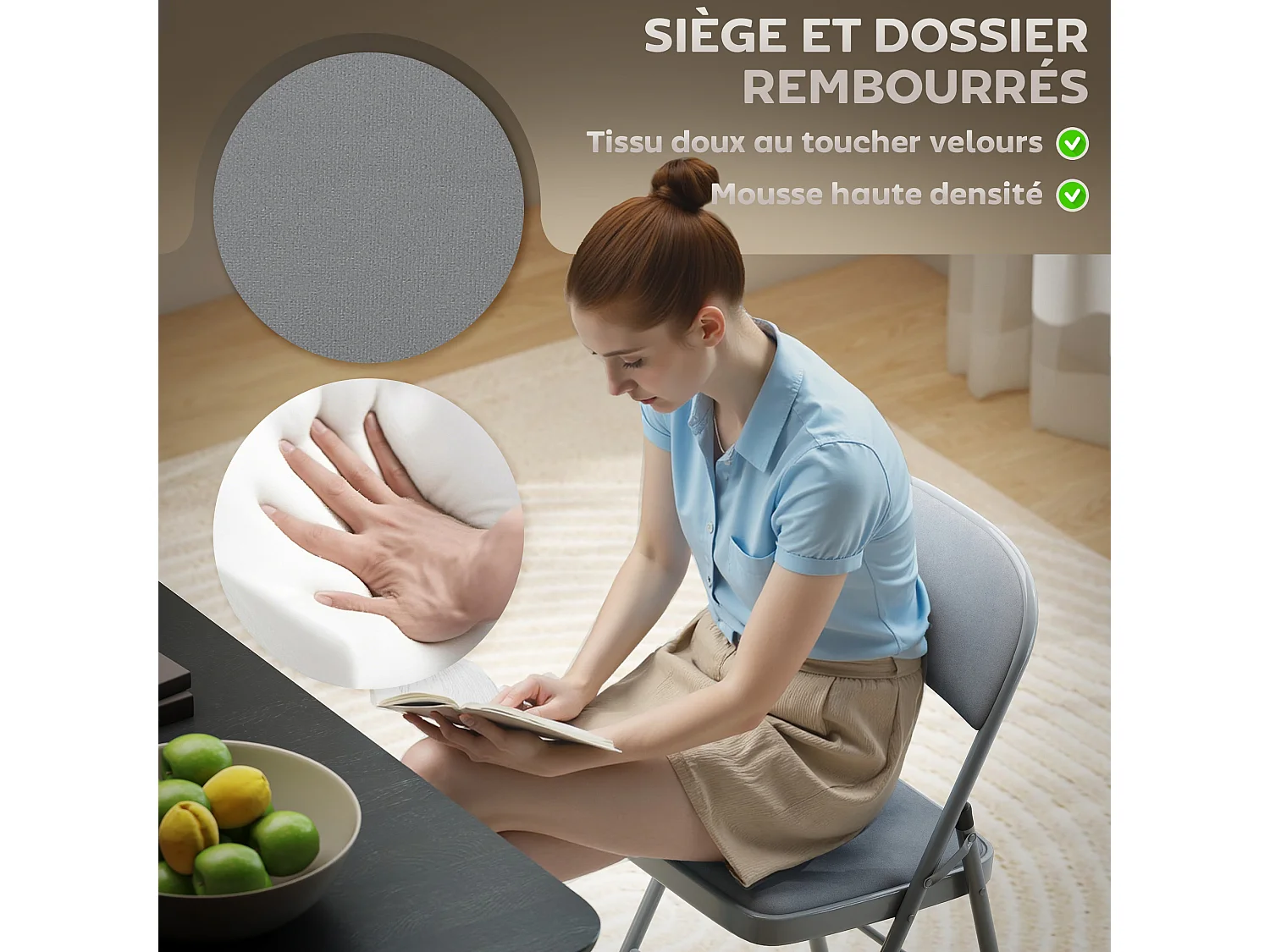 Lot de 4 chaises pliantes assise dossier rembourrés acier velours gris